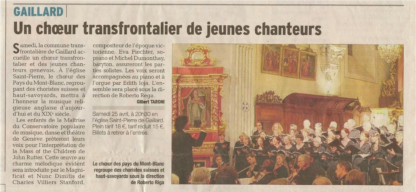 Article du Dauphiné Libéré Avril 2015: Un choeur transfrontalier de jeunes chanteurs