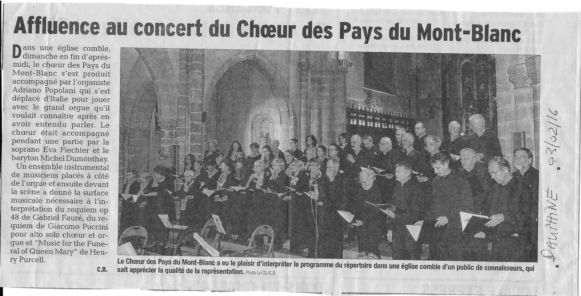 Article du Dauphiné Libéré Février 2016: Affluence au concert du Choeur des Pays du Mont-Blanc