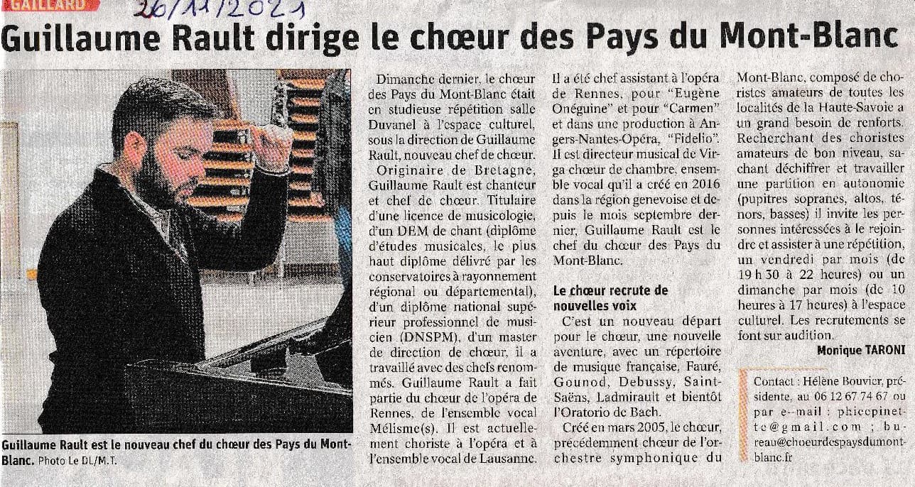 Article du Dauphiné Libéré Novembre 2021: Guillaume Rault dirige le choeur des Pays du Mont-Blanc