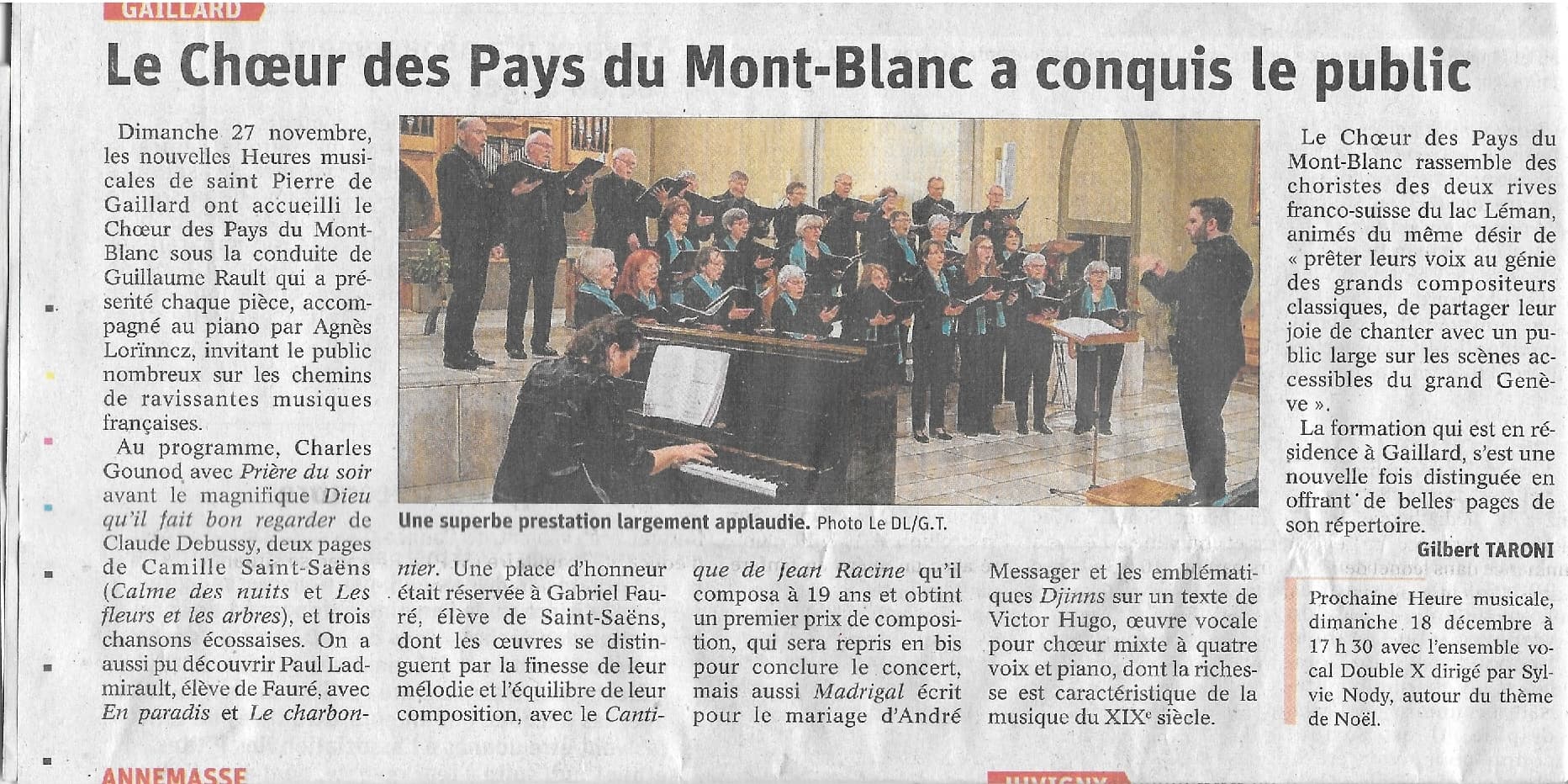 Article du Dauphiné Libéré Novembre 2022: Le Choeur des Pays du Mont-Blanc a conquis le public