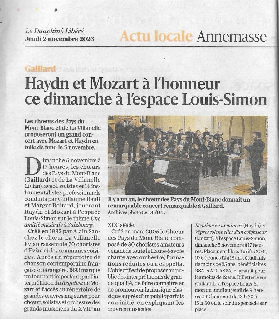 Article du Dauphiné Libéré Novembre 2023: Concert de Haydn et Mozart à l'espace Louis-Simon