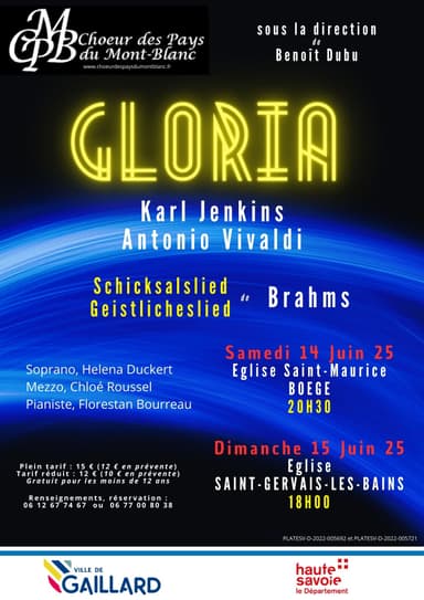 Affiche: Concert Vivaldi Jenkins, 14 et 15 juin 2025, Boëge et Saint Gervais
