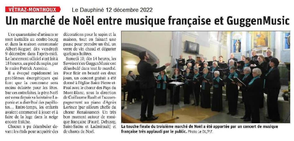 Article du Dauphiné Libéré Décembre 2022: Concert de Noël à l'église de Vétraz-Monthoux