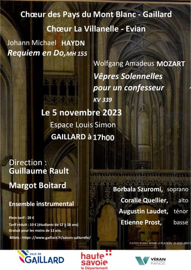 Affiche: Requiem Michaël Haydn et Vêpres solennelles pour un confesseur de Mozart novembre 2023